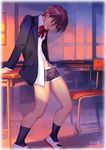  1boy brown_hair bulge classroom desk erection eyes_closed full_body male_focus master_maichin school school_uniform solo student tagme teeth underwear undressing young 