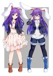  alternate_costume animal_ears bespectacled black-framed_eyewear black_legwear blue_footwear boots brown_footwear bunny_ears carrot carrot_necklace contemporary cosplay cross-laced_footwear dress dual_persona full_body glasses grey_background highres hood hoodie inaba_tewi inaba_tewi_(cosplay) ishimu jacket jewelry lace-up_boots long_hair long_sleeves looking_at_viewer looking_to_the_side multiple_girls necklace pantyhose purple_hair red_eyes reisen_udongein_inaba see-through shorts simple_background touhou 