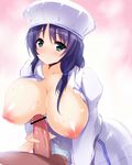  aqua_eyes bangs bar_censor blue_hair blush breasts censored closed_mouth collarbone goban handjob hat highres huge_breasts juliet_sleeves long_hair long_sleeves looking_at_viewer nipples open_clothes open_shirt original penis pov_crotch puffy_sleeves shirt sketch smile solo_focus sweat 
