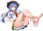  barefoot blue_hair breasts commentary_request error feet food hat hinanawi_tenshi ice_cream large_breasts long_hair long_legs neropaso panties pantyshot red_eyes simple_background solo touhou underwear white_background white_panties wrong_feet 