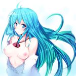  ahoge bangs bare_shoulders blue_eyes blue_hair blush breasts collarbone denpa_onna_to_seishun_otoko floating_hair from_side goban long_hair looking_at_viewer looking_to_the_side medium_breasts nipples off_shoulder parted_lips shirt solo touwa_erio upper_body very_long_hair white_shirt 