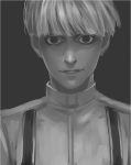  1girl black_eyes grey_background greyscale light_smile limited_palette military military_uniform monochrome shingeki_no_kyojin short_hair simple_background smile solo solo_focus uniform yelena_(shingeki_no_kyojin) 