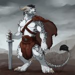  2017 anthro belt blackchaos666 cape charr claws clothed clothing digitigrade elijahfur100 feline fur grey_background guild_wars loincloth male mammal melee_weapon muscular simple_background solo spots spotted_fur sword toe_claws topless video_games weapon white_fur 