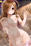  breasts brown_eyes brown_hair closed_mouth covering full_moon hair_over_one_eye highres kono_subarashii_sekai_ni_shukufuku_wo! large_breasts long_hair looking_at_viewer moon night night_sky nipples nude_cover onsen outdoors see-through shiron_(e1na1e2lu2ne3ru3) sky smile solo star_(sky) starry_sky towel wading wiz_(konosuba) 