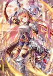  armor bad_id bad_pixiv_id black_legwear boots bow cloud greaves hair_bow helmet high_heel_boots high_heels highres knight leg_belt light_brown_hair long_hair looking_at_viewer outdoors red_eyes shenteita solo standing weapon yellow_sky 