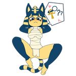  &lt;3 2017 animal_crossing ankha anthro bandage barefoot blush bottomless breasts cat clothed clothing digital_media_(artwork) egyptian exhibitionism eyebrows eyelashes feline female fur gloves hands_behind_head innuendo invalid_tag legwear loincloth looking_at_viewer m0n1e mammal nintendo pose presenting presenting_crotch simple_background solo striped_hair striped_tail stripes teasing thigh_highs video_games yellow_fur 