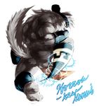  2017 anthro black_nose canine clothed clothing fur headband horkeukamui hunmut loincloth male mammal multicolored_fur muscular muscular_male simple_background solo tokyo_afterschool_summoners white_fur wolf 