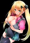  :p apron apron_pull black_apron black_legwear blonde_hair blush breasts cleavage collarbone cowboy_shot cum cum_on_body cum_on_breasts cum_on_upper_body goban green_eyes hair_ornament highres large_breasts long_hair looking_at_viewer naughty_face open_clothes open_shirt original plaid plaid_shirt plaid_skirt pulled_by_self shirt skirt solo thighhighs tongue tongue_out twintails v-shaped_eyebrows very_long_hair 