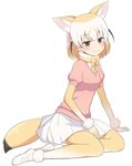  :3 animal_ears black_hair blonde_hair blush bow brown_eyes commentary_request extra_ears fennec_(kemono_friends) fox_ears fox_tail kemono_friends looking_at_viewer multicolored multicolored_clothes multicolored_hair multicolored_legwear pleated_skirt puffy_short_sleeves puffy_sleeves shirt shoes short_hair short_sleeve_sweater short_sleeves simple_background sitting skirt smile solo sweater tail thighhighs two-tone_legwear white_background white_skirt yokozuwari yuukagen_(poipoipopoino) 