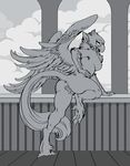  2017 acidapluvia anthro armpits avian beak butt claws cloud feathered_wings feathers female fur gryphon hand_on_hip looking_at_viewer looking_back monochrome nude open_mouth pussy raised_leg raised_tail scales solo tail_tuft toe_claws tuft wings 