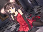  animal_ears bare_shoulders black_hair black_legwear blue_eyes bow chemise dress elbow_gloves flat_chest gloves hair_bow jpeg_artifacts legs long_hair mary_janes mouse_ears mouse_tail pantyhose red_footwear shoes sitting solo tail uni 