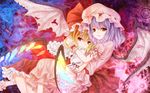  bat_wings blonde_hair blue_hair flandre_scarlet glowing hat highres hug kamumiya lavender_hair multiple_girls red_eyes remilia_scarlet short_hair siblings sisters touhou wallpaper wings 