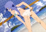  absurdres adjusting_clothes adjusting_swimsuit armband artist_request ass back beach beach_volleyball bikini blue_hair cloud day dutch_angle flat_chest from_behind highres kannagi leaning_forward legs long_hair nagi net official_art outdoors purple_eyes sand sky solo standing sweat swimsuit very_long_hair volleyball water 