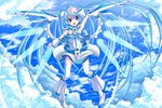  alternate_costume blue_eyes blue_hair boots feathers hatsune_miku highres long_hair mechanical_wings naox one_eye_closed sky smile solo thighhighs twintails very_long_hair vocaloid wings zettai_ryouiki 