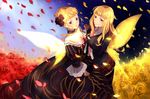  beatrice blonde_hair bow breasts bug butterfly cleavage dress dual_persona flower holding_hands insect medium_breasts multiple_girls nanamura necktie petals pink_bow pink_neckwear skirt thighhighs umineko_no_naku_koro_ni wings 