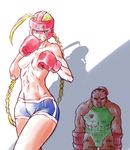  1girl :t abs bad_id bad_pixiv_id blonde_hair boxing_gloves boxing_headgear braid cammy_white cammy_white_(cosplay) cosplay costume_switch green_leotard hat kayoko_(artist) leotard long_hair m_bison muscle street_fighter teeth topless twin_braids 