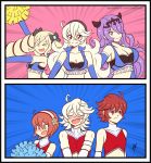 5girls arm_up armpits blue_cape blush breasts brother_and_sister camilla_(fire_emblem_if) cape cheerleader crop_top elise_(fire_emblem_if) female_my_unit_(fire_emblem_if) fire_emblem fire_emblem_if hair_over_one_eye hairband highres hinoka_(fire_emblem_if) long_hair male_my_unit_(fire_emblem_if) mamkute midriff multiple_girls my_unit_(fire_emblem_if) open_mouth osu!_tatakae!_ouendan osu!_tatakae!_ouendan_2 pointy_ears pom_poms purple_eyes purple_hair raydango red_eyes red_hair sakura_(fire_emblem_if) short_hair siblings sisters sleeveless smile 