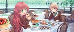  :o berries blonde_hair blue_eyes bolo_tie bridge cake chair cherry colette_ehl eating face food food_on_face fruit green_eyes highres kiwifruit komorebi_no_kuni long_hair looking_at_viewer looking_back lulu_(komorebi_no_kuni) multiple_girls open_mouth pastry red_hair restaurant river school_uniform short_hair sitting strawberry sweets table tablecloth tea tiered_tray tokunou_shoutarou 