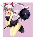  animal_ears bell cat_ears fang kooh kyoku_tou long_hair mace miniskirt one-piece_swimsuit one_eye_closed open_mouth pangya red_eyes skirt solo spiked_mace swimsuit weapon white_hair 