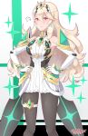 absurdres alternate_costume armor bangs breasts closed_eyes cosplay earrings female_my_unit_(fire_emblem_if) fire_emblem gem gloves headpiece highres hikari_(xenoblade_2) hikari_(xenoblade_2)_(cosplay) jewelry long_hair looking_at_viewer my_unit_(fire_emblem_if) pantyhose pointy_ears red_eyes sarukaiwolf solo spirit_(super_smash_bros.) super_smash_bros. super_smash_bros._ultimate white_hair xenoblade_(series) xenoblade_2 