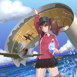  aircraft airplane artist_name brown_eyes brown_hair character_name cloud commentary day flight_deck jay156 kantai_collection ryuujou_(kantai_collection) splashing twintails water 