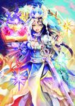  absurdres artist_request black_hair blue_eyes book breasts cleavage crown dragon force_of_will heterochromia highres large_breasts long_hair lumia_(force_of_will) multicolored_hair purple_eyes smile sword very_long_hair weapon white_hair 