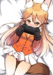  animal_ears black_gloves blonde_hair blush commentary ezo_red_fox_(kemono_friends) fox_ears fox_tail fur_trim gloves hair_between_eyes handheld_game_console highres holding_handheld_game_console inu3 jacket kemono_friends long_hair long_sleeves looking_at_viewer lying on_back orange_eyes pantyhose playstation_vita skirt tail white_skirt 