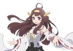  1girl :d ahoge bare_shoulders black_skirt breasts brown_hair commentary detached_sleeves double_bun eyebrows_visible_through_hair fukagawa_kazumi_(style) headgear kantai_collection kongou_(kantai_collection) long_hair looking_at_viewer medium_breasts nontraditional_miko open_mouth purple_eyes remodel_(kantai_collection) simple_background skirt smile solo upper_body white_background yuzuruka_(bougainvillea) zombie_land_saga 