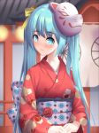  1girl absurdres architecture bangs blue_eyes blue_hair blush bow cloud_print east_asian_architecture flower fox_mask hands_together hatsune_miku head_tilt hfmt7223 highres japanese_clothes kimono long_hair looking_at_viewer mask obi red_kimono rose sash solo turning_head twintails very_long_hair vocaloid yellow_bow 