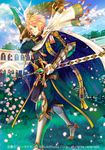  bird blonde_hair blue_eyes boots cape company_name day epaulettes feathered_wings flower full_body gloves gyakushuu_no_fantasica leaf male_focus official_art petals scarf sky solo sword weapon wings yukikana 