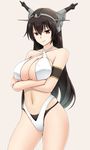  armband bikini black_hair black_swimsuit breasts collarbone criss-cross_halter crossed_arms fuuma_nagi hair_between_eyes halterneck headgear kantai_collection kantai_collection_(anime) large_breasts layered_bikini long_hair looking_at_viewer multi-strapped_bikini nagato_(kantai_collection) navel pink_background red_eyes simple_background solo swimsuit white_bikini 