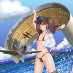  aircraft airplane artist_name bikini brown_eyes brown_hair character_name cloud commentary day english_commentary flat_chest flight_deck jay156 kantai_collection micro_bikini ryuujou_(kantai_collection) splashing swimsuit twintails water 