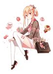  1girl blonde_hair diten female long_hair original red_eyes school_bag smile solo sweets thighhighs 