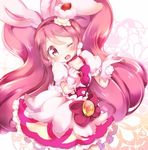  ;d animal_ears bangs blush bow brooch bunny_ears cake_hair_ornament choker clenched_hand commentary_request cupcake cure_whip dress extra_ears food food_themed_hair_ornament fruit gloves hair_ornament hairband jewelry kirakira_precure_a_la_mode kofa_(ikyurima) long_hair looking_at_viewer magical_girl one_eye_closed open_mouth pink_choker pink_gloves pink_hair pom_pom_(clothes) pom_pom_earrings precure puffy_short_sleeves puffy_sleeves short_sleeves smile solo strawberry twintails usami_ichika 