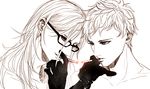  adam_(nier_automata) aphin123 cigarette eve_(nier_automata) eyelashes glasses gloves highres long_hair male_focus monochrome multiple_boys nier_(series) nier_automata short_hair siblings sketch smoking white_background white_hair 