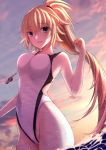  1girl aonegi artist_name blonde_hair blue_eyes blurry cloud competition_swimsuit cowboy_shot depth_of_field fate/grand_order fate_(series) gradient_sky highleg highleg_swimsuit jeanne_d&#039;arc_(fate)_(all) jeanne_d&#039;arc_(swimsuit_archer) long_hair looking_at_viewer one-piece_swimsuit ponytail purple_sky sky solo sunset swimsuit water waves whistle whistle_around_neck white_swimsuit 