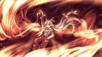  bow fiery_wings fire floating_hair fujiwara_no_mokou hair_bow hair_ornament hair_ribbon hands_in_pockets long_hair looking_at_viewer minust ofuda_on_clothes pants puffy_short_sleeves puffy_sleeves red_eyes ribbon shirt short_sleeves silver_hair solo suspenders touhou very_long_hair 
