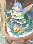  absurdres ahoge bare_shoulders blue_eyes blue_hair blush company_name dress feathered_wings full_body gloves gyakushuu_no_fantasica highres kokka_han official_art open_mouth solo wings 