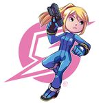  bangs black_eyes blonde_hair blue_bodysuit bodysuit bracelet breasts chibi clenched_hand emblem finger_on_trigger full_body gloves gun hair_between_eyes hair_tie hand_up handgun high_heels high_ponytail holding holding_gun holding_weapon jewelry leg_lift logo looking_to_the_side mary_cagle medium_breasts metroid outline paralyzer parted_bangs parted_lips ponytail samus_aran serious sidelocks signature solo standing standing_on_one_leg stun_gun super_smash_bros. swept_bangs turtleneck weapon zero_suit 