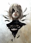  black_dress blindfold cleavage_cutout dress facing_viewer feathers lips mole mole_under_mouth nier_(series) nier_automata pale_skin pink_lips realistic sae_(revirth) short_hair silver_hair solo turtleneck yorha_no._2_type_b 