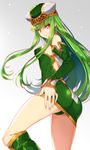  ass bare_shoulders boots breasts c.c. code_geass cosplay covered_nipples creayus detached_sleeves freya_(valkyrie_profile) freya_(valkyrie_profile)_(cosplay) green_footwear green_hair hat knee_boots long_hair looking_at_viewer small_breasts smile valkyrie_profile yellow_eyes 