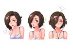  :o ahoge bikini_top breasts brown_hair expression_chart expressionless hair_ornament hair_over_one_eye hairclip headphones index_finger_raised medium_breasts open_mouth orange_eyes pacific short_hair sigh sima_naoteng simple_background small_breasts sparkle teeth uss_tautog_(ss-199) white_background 