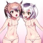  2girls bikini blush brown_hair cameltoe collarbone eurasian_eagle_owl_(kemono_friends) kemono_friends looking_at_viewer multiple_girls navel nipples northern_white-faced_owl_(kemono_friends) open_mouth pussy short_hair small_breasts string_bikini white_hair 