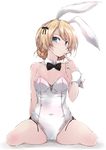  animal_ears blonde_hair blue_eyes braid breasts bunny_ears bunny_girl bunnysuit covered_navel darjeeling detached_collar fake_animal_ears finger_to_mouth girls_und_panzer looking_at_viewer short_hair simple_background sitting small_breasts solo tied_hair wariza white_background wrist_cuffs yumesato_makura 