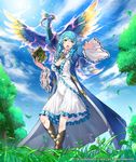  bird book boots braid breasts churayuki cleavage cloud company_name covered_navel day feathered_wings flower full_body grass green_eyes gyakushuu_no_fantasica hair_ornament hairclip large_breasts leaf long_hair official_art open_mouth sky solo teeth tree twin_braids wings 