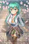 absurdres aqua_eyes aqua_hair blush breasts brick_floor brown_legwear cherry_blossoms clothes_around_waist collarbone from_above grass green_skirt hair_ornament hairclip hand_on_hip highres jacket jacket_around_waist jacket_removed kantai_collection large_breasts long_hair looking_at_viewer looking_up nedia_(nedia_region) orange_neckwear outdoors pavement pleated_skirt shadow skirt sleeves_rolled_up smile solo straight_hair suzuya_(kantai_collection) thighhighs tongue tongue_out walking 