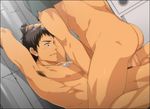  2boys abs anal armpit ass bara body_hair brown_hair dog_tags erection hihumi male_focus multiple_boys muscle nipples nude pecs penetration penis pipe pole resfrio restrained sex sitting_on_person sweat yaoi 