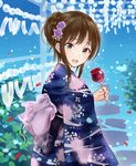  bad_id bad_pixiv_id blue_background blue_kimono brown_hair candy_apple flower food green_eyes hair_flower hair_ornament idolmaster idolmaster_cinderella_girls japanese_clothes kimono long_hair looking_at_viewer looking_back open_mouth outdoors sash shibuya_rin takeashiro tied_hair wide_sleeves wind_chime yukata 