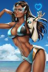  1girl abs arm_up artist_name beach bikini black_hair blue_bikini blue_nails blue_sky breasts brown_eyes brown_hair cleavage closed_mouth cloud contrapposto cowboy_shot dandon_fuga dark_skin day earrings finger_to_mouth gauntlets gem glowing goggles headpiece heart highres hologram horizon jewelry large_breasts leaning_to_the_side legs looking_at_viewer mechanical_arm nail_polish navel ocean outdoors overwatch red_lips sapphire_(stone) sky smile solo stomach summer swimsuit symmetra_(overwatch) thighs toned visor water 