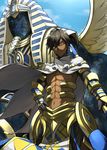  1boy abs ahoge armor cape dark_skin fate/prototype fate/prototype:_fragments_of_blue_and_silver fate_(series) gloves jewelry navel pants rider_(fate/prototype_fragments) short_hair smile yellow_eyes 